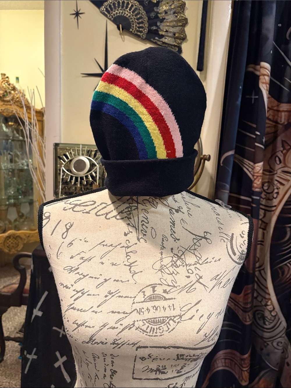 Betsey Johnson Black Knit Beanie with Rainbow Accent and Gold Heart Pin